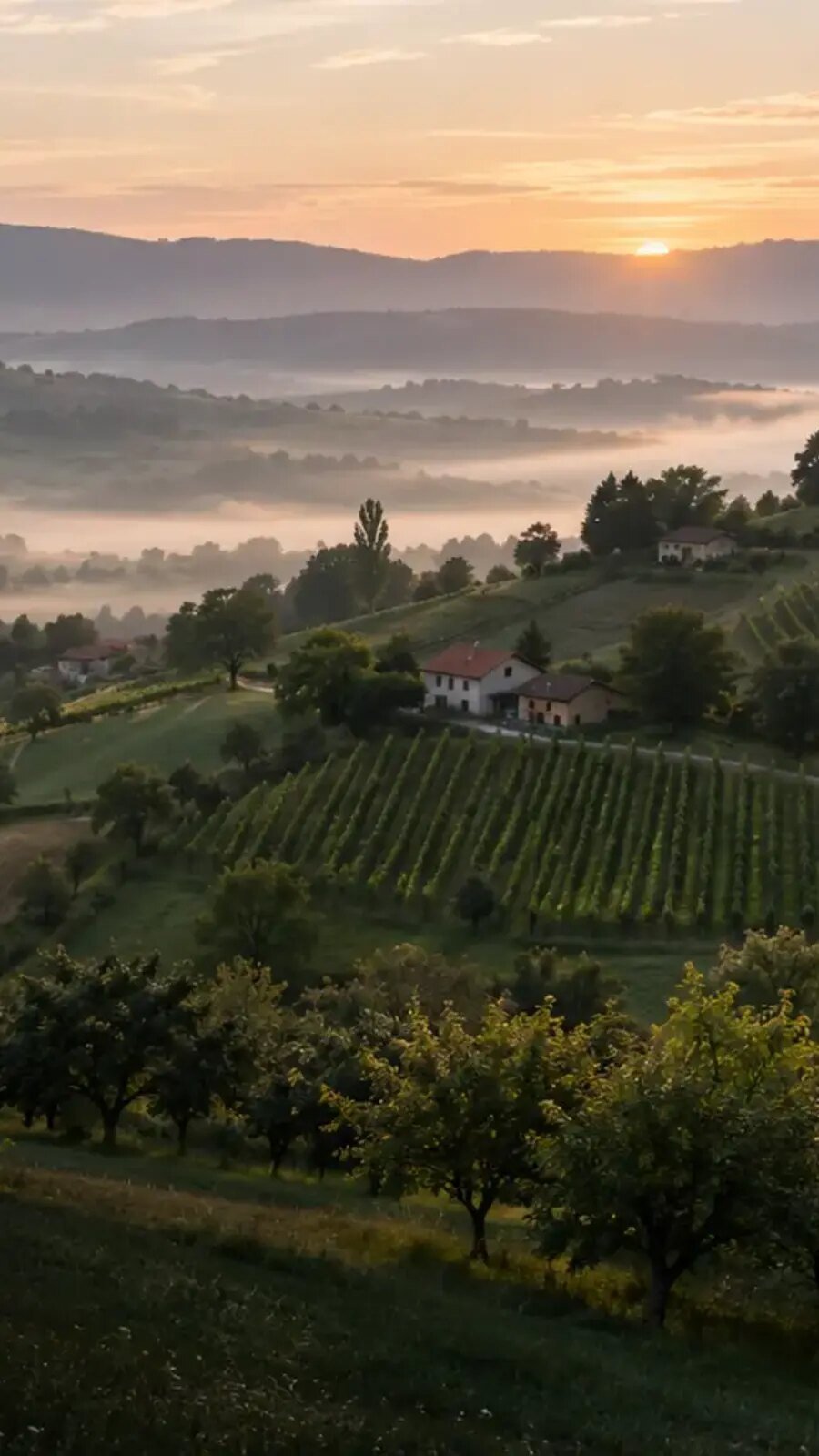Editoriale Landschaft mit den sanften Hügeln, Obstgärten und roten Dächern des westlichen Zagorje im Morgenlicht