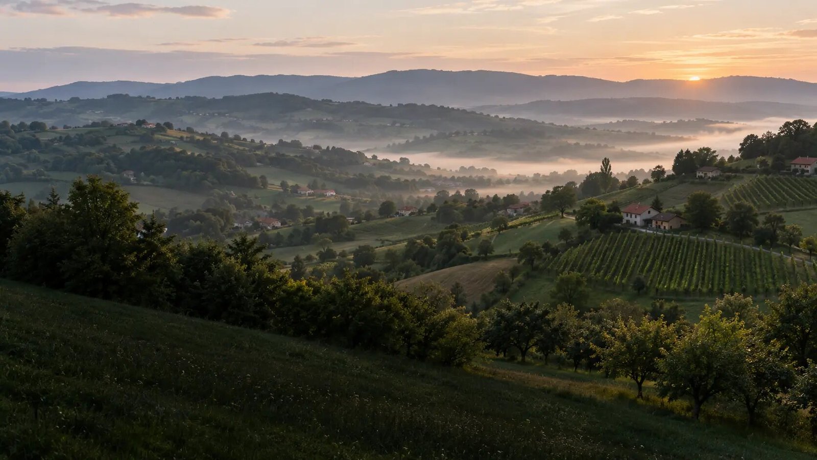 Editoriale Landschaft mit den sanften Hügeln, Obstgärten und roten Dächern des westlichen Zagorje im Morgenlicht