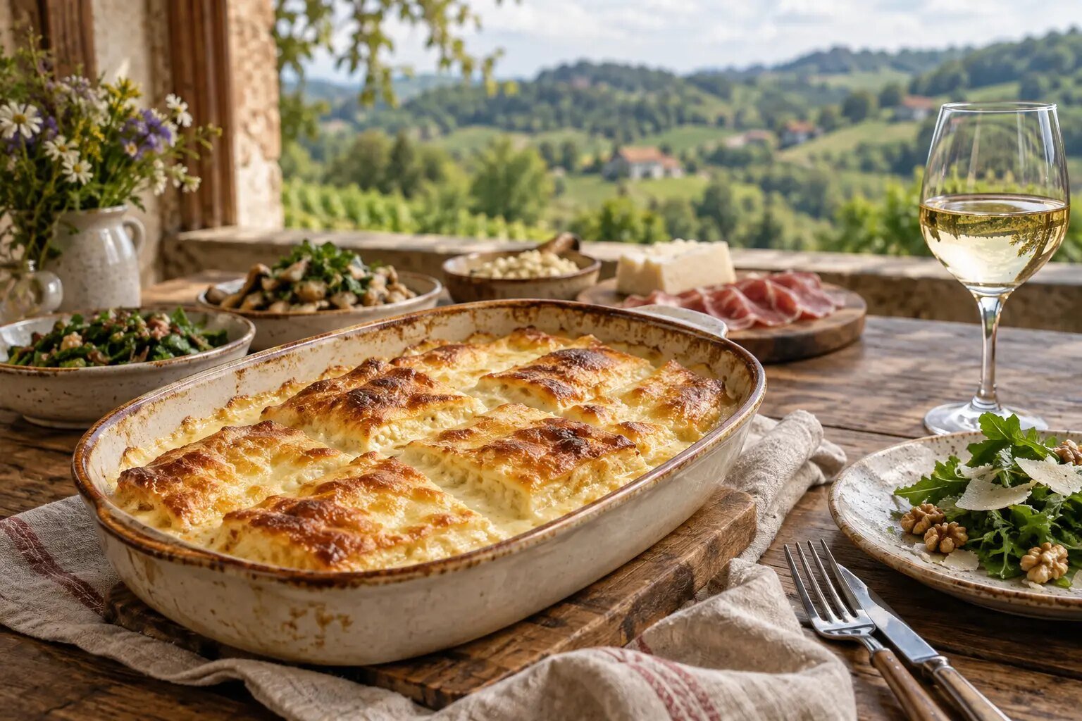 Editoriale Tischszene mit Zagorje-Štrukli, saisonalen Gerichten und lokalem Wein auf Leinen